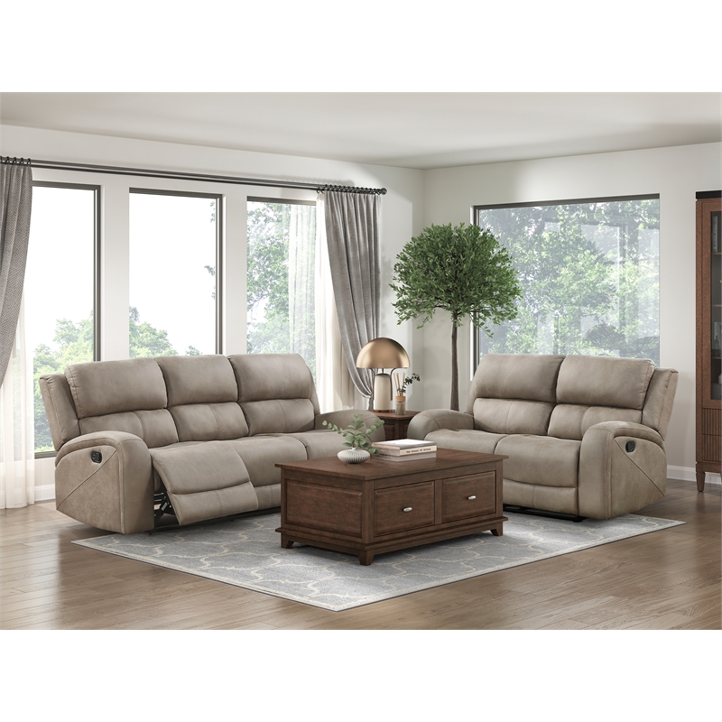Pemberly Row Polished Microfiber Double Reclining Sofa in Brown