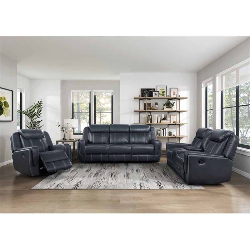 Pemberly Row Contemporary Faux Leather Double Reclining Sofa in Blue