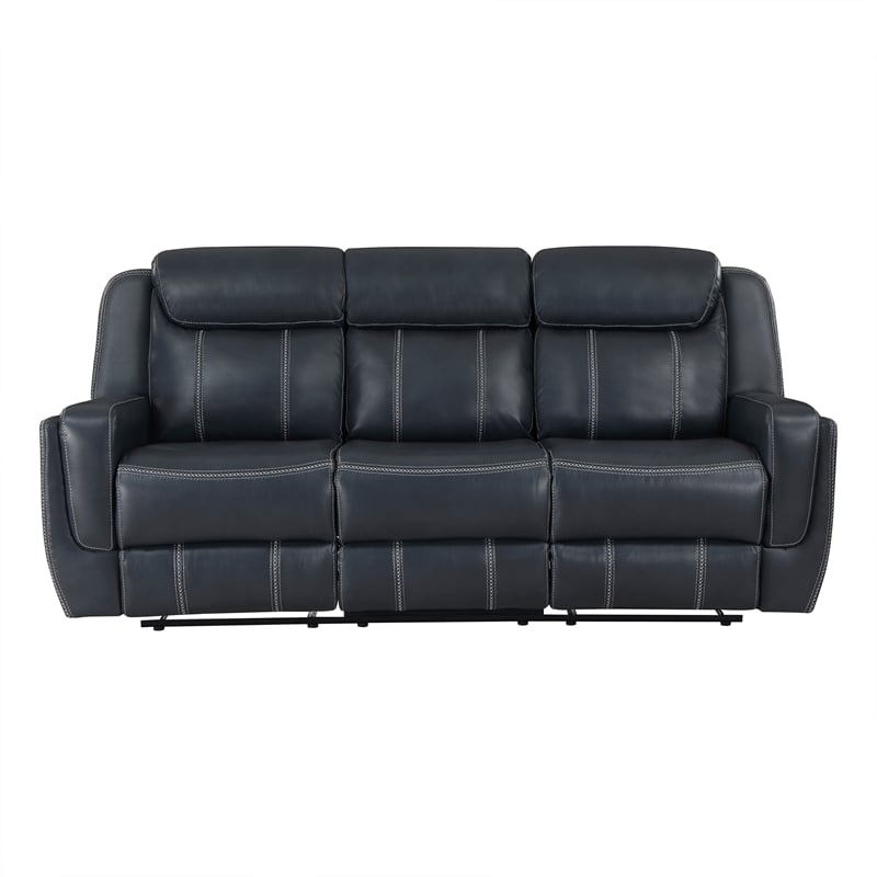 Pemberly Row Contemporary Faux Leather Double Reclining Sofa in Blue