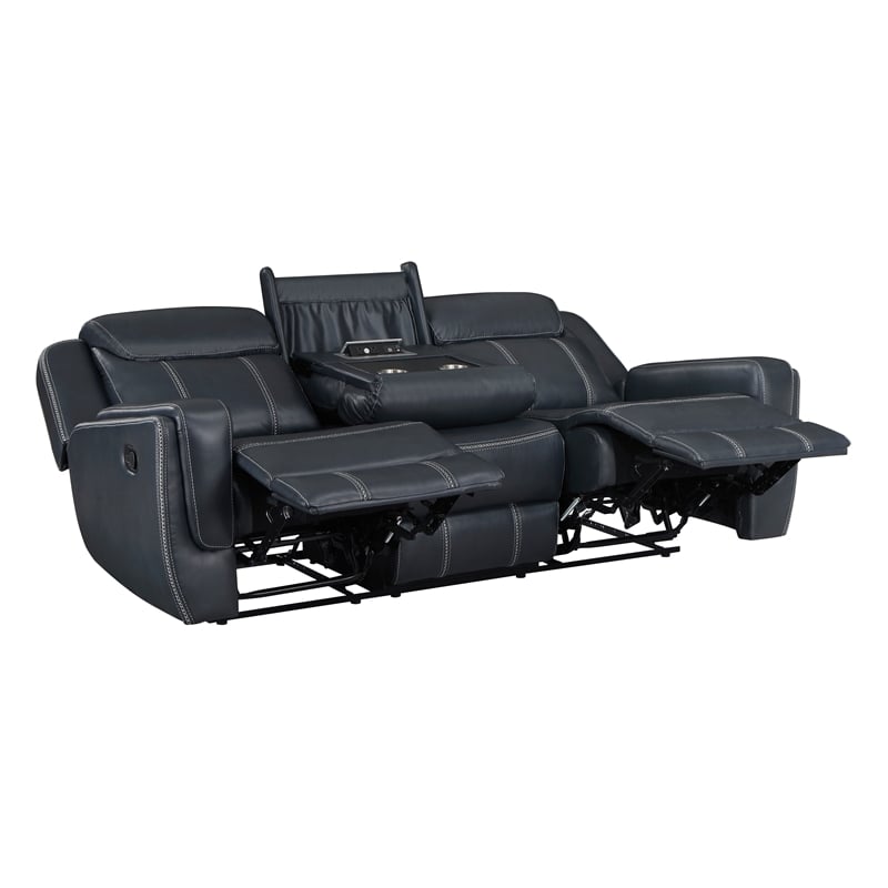 Pemberly Row Contemporary Faux Leather Double Reclining Sofa in Blue