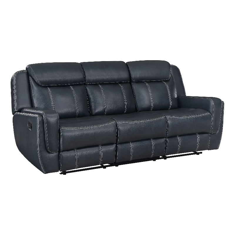 Pemberly Row Contemporary Faux Leather Double Reclining Sofa in Blue