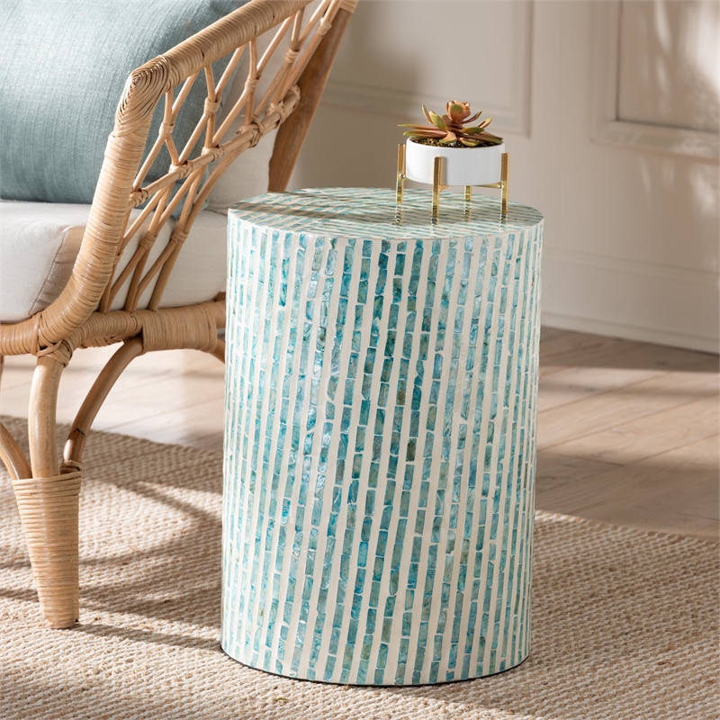 Pemberly Row Wood & Mother of Pearl End Table in White and Blue