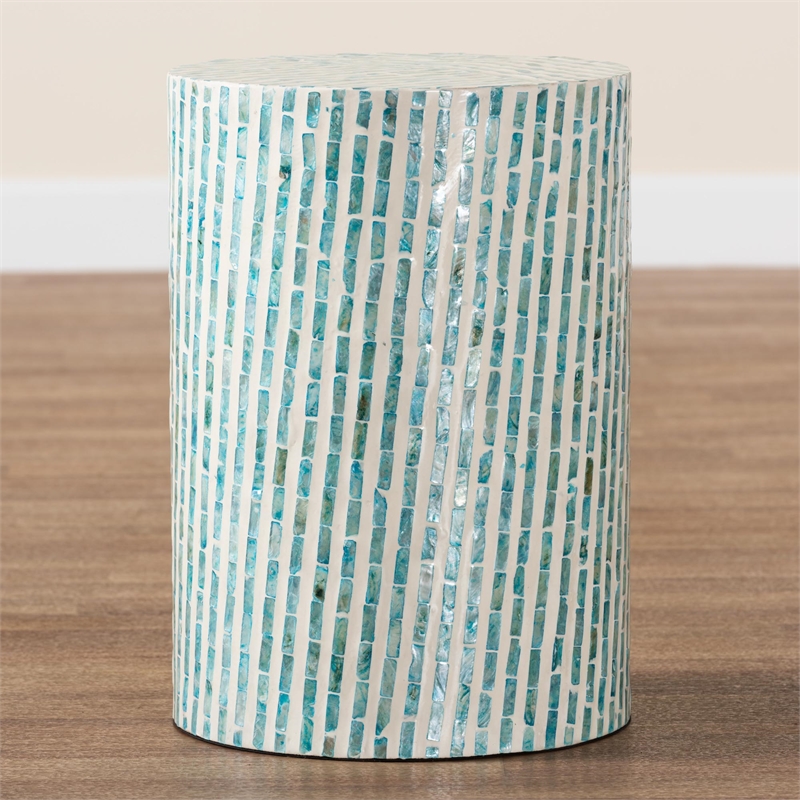 Pemberly Row Wood & Mother of Pearl End Table in White and Blue