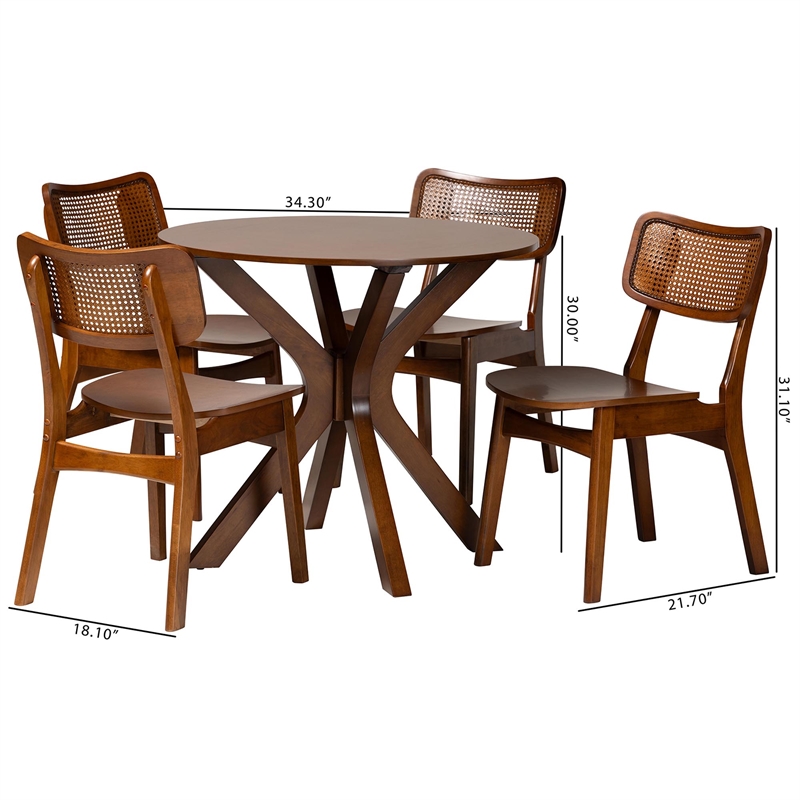 Pemberly Row Contemporary 5-Piece Wood & Rattan Dining Set in Brown