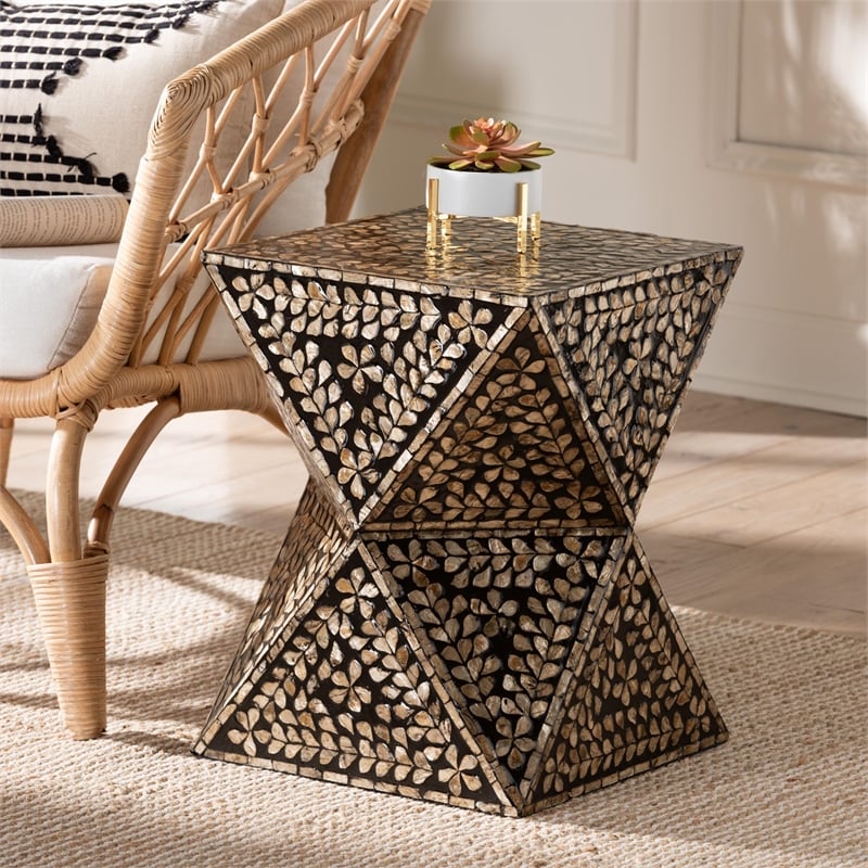 Pemberly Row Wood & Mother of Pearl End Table in Black and Bronze
