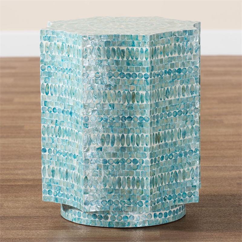 Pemberly Row Octagon Wood & Mother of Pearl End Table in Blue