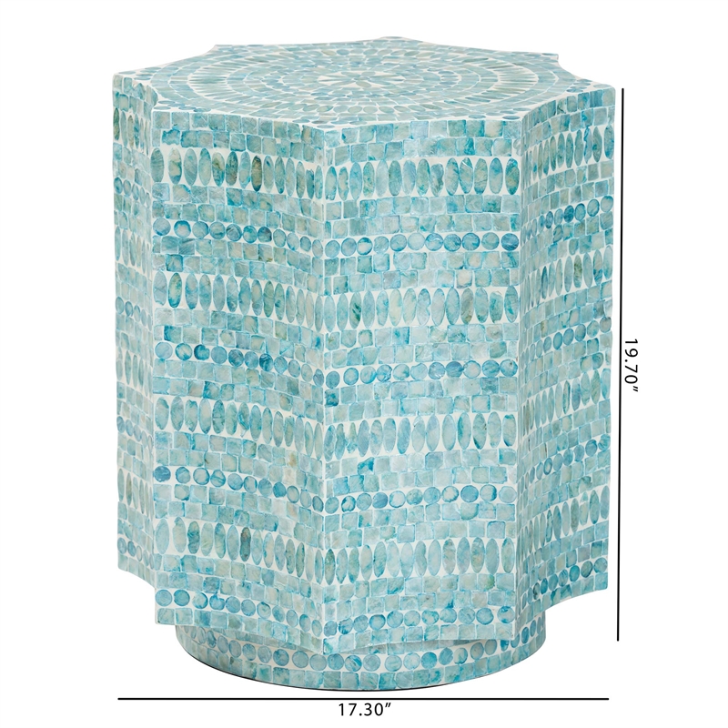 Pemberly Row Octagon Wood & Mother of Pearl End Table in Blue