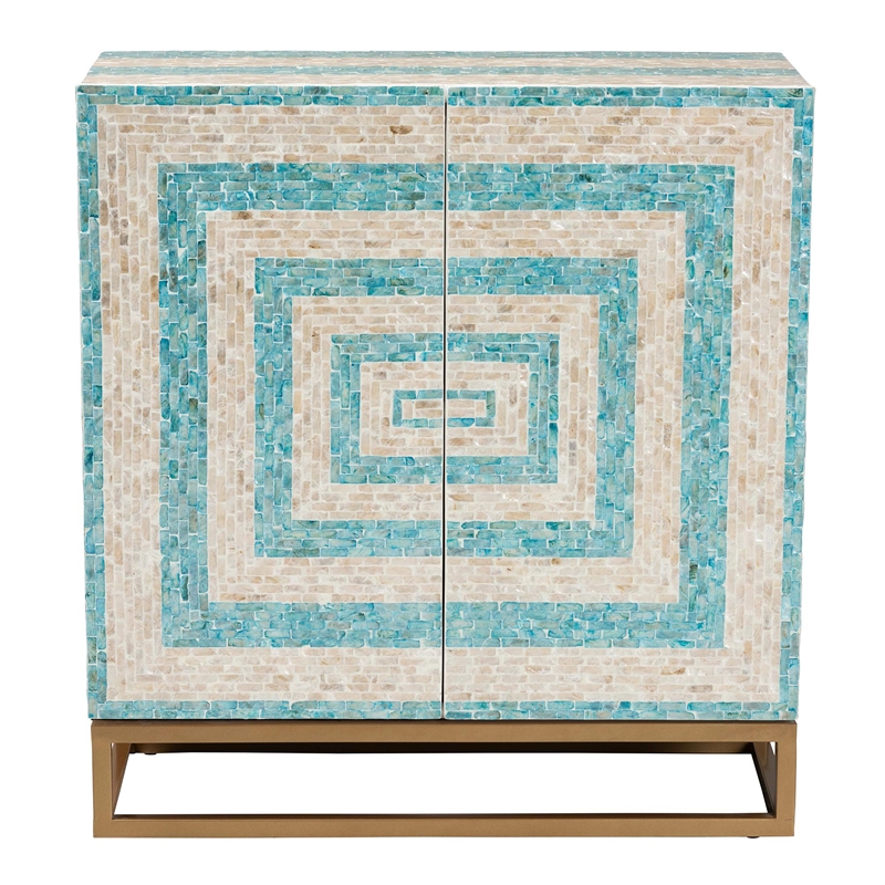 Pemberly Row Mother of Pearl & Metal Storage Cabinet in Beige/Blue