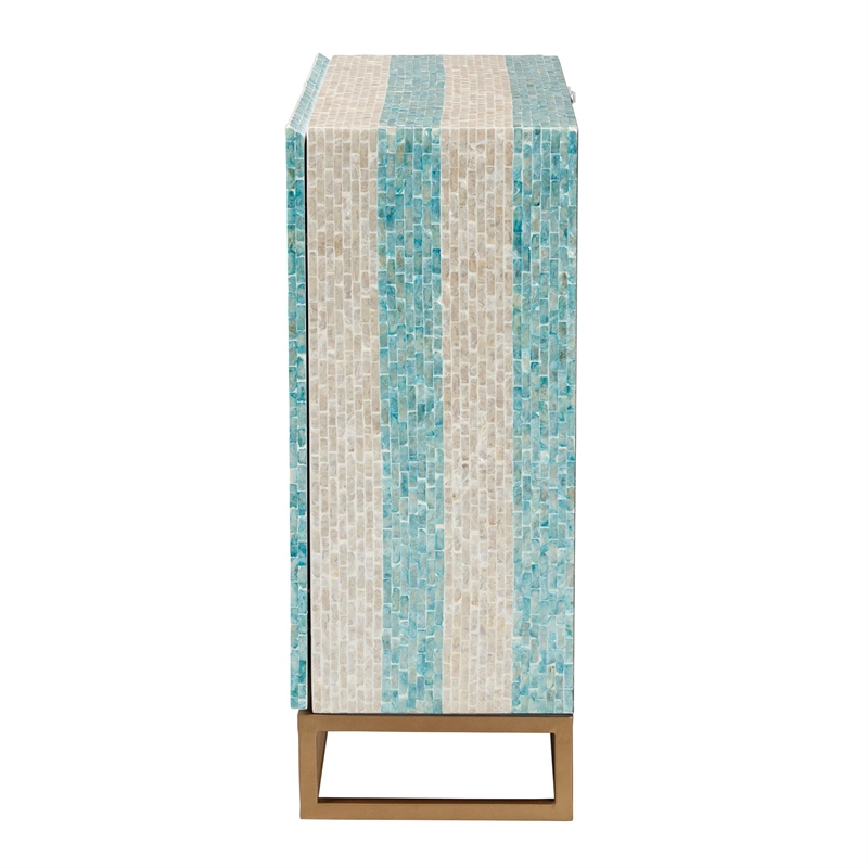 Pemberly Row Mother of Pearl & Metal Storage Cabinet in Beige/Blue