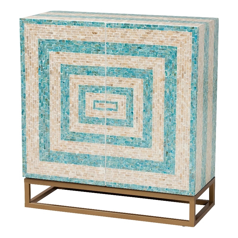 Pemberly Row Mother of Pearl & Metal Storage Cabinet in Beige/Blue