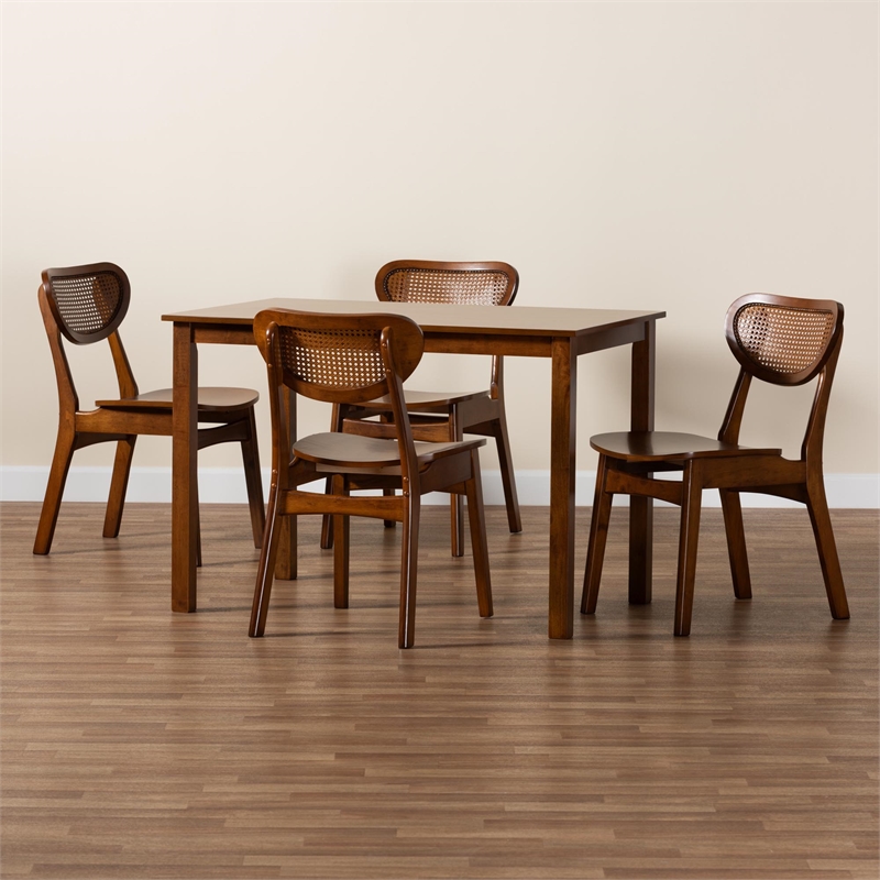 Pemberly Row Contemporary 5-Piece Wood & Rattan Dining Set in Brown