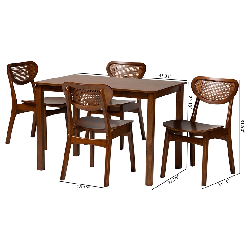 Pemberly Row Contemporary 5-Piece Wood & Rattan Dining Set in Brown