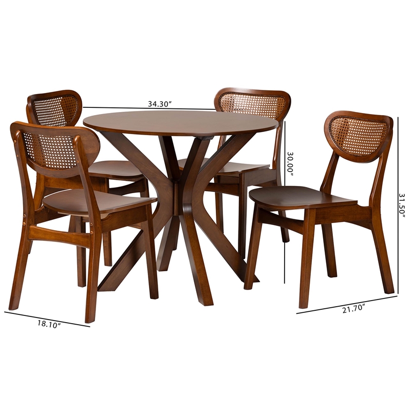 Pemberly Row Contemporary 5-Piece Wood & Rattan Dining Set in Brown