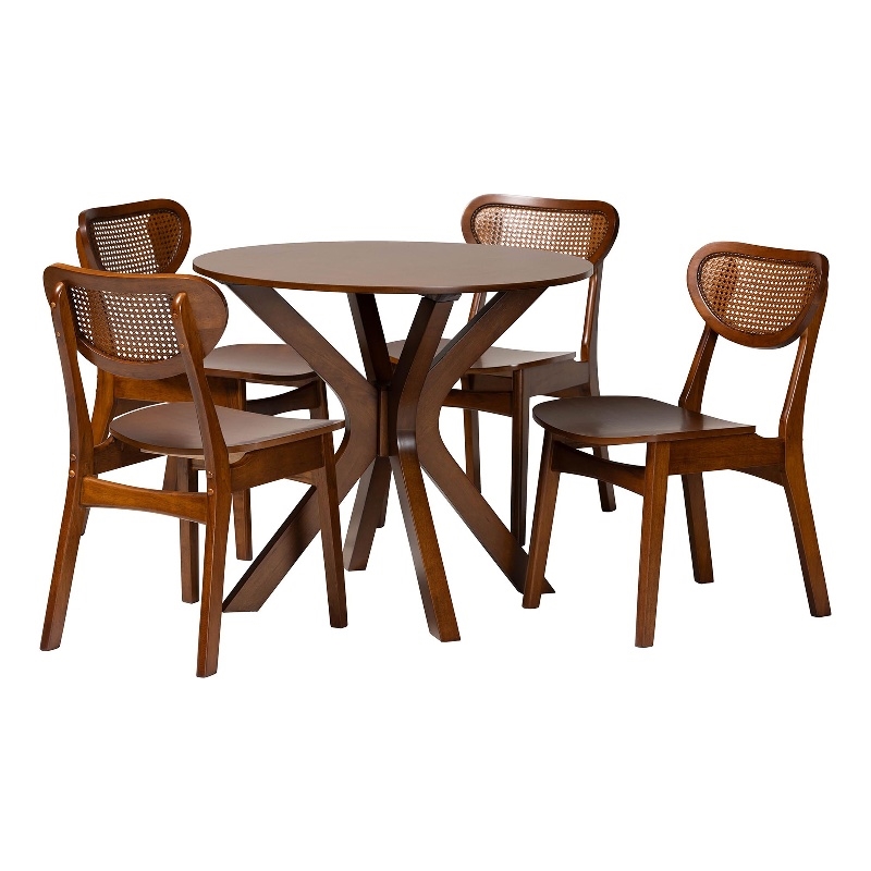 Pemberly Row Contemporary 5-Piece Wood & Rattan Dining Set in Brown