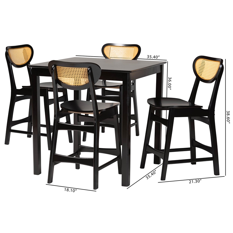 Pemberly Row 5-Piece Mid-Century Wood & Rattan Pub Set in Brown