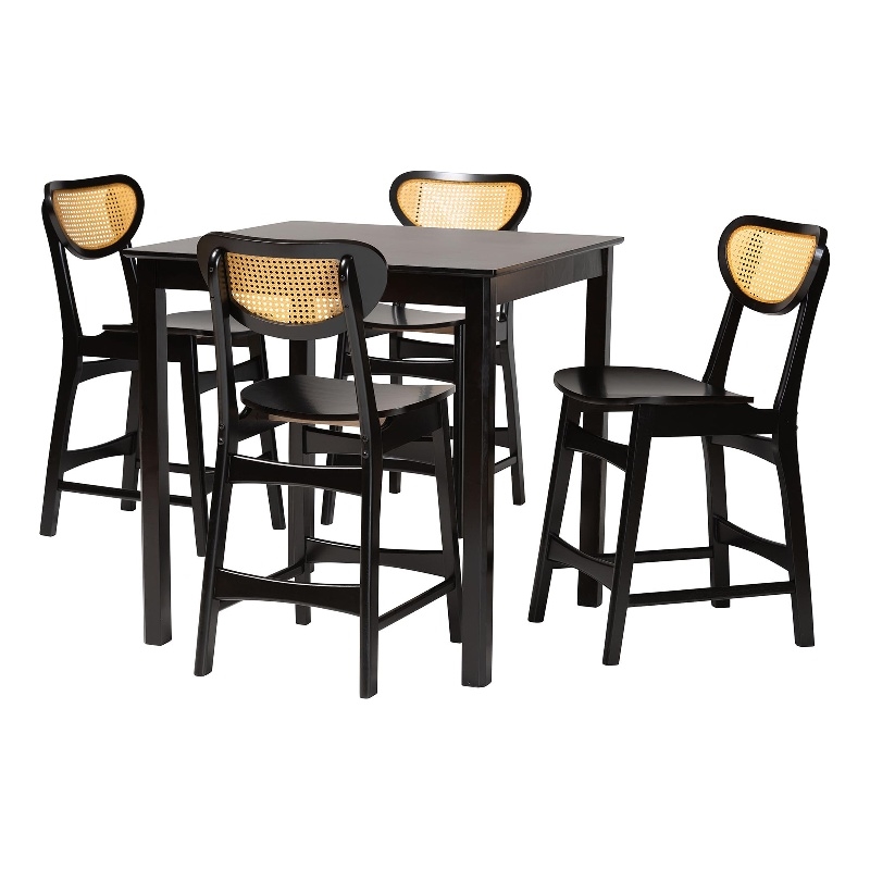 Pemberly Row 5-Piece Mid-Century Wood & Rattan Pub Set in Brown