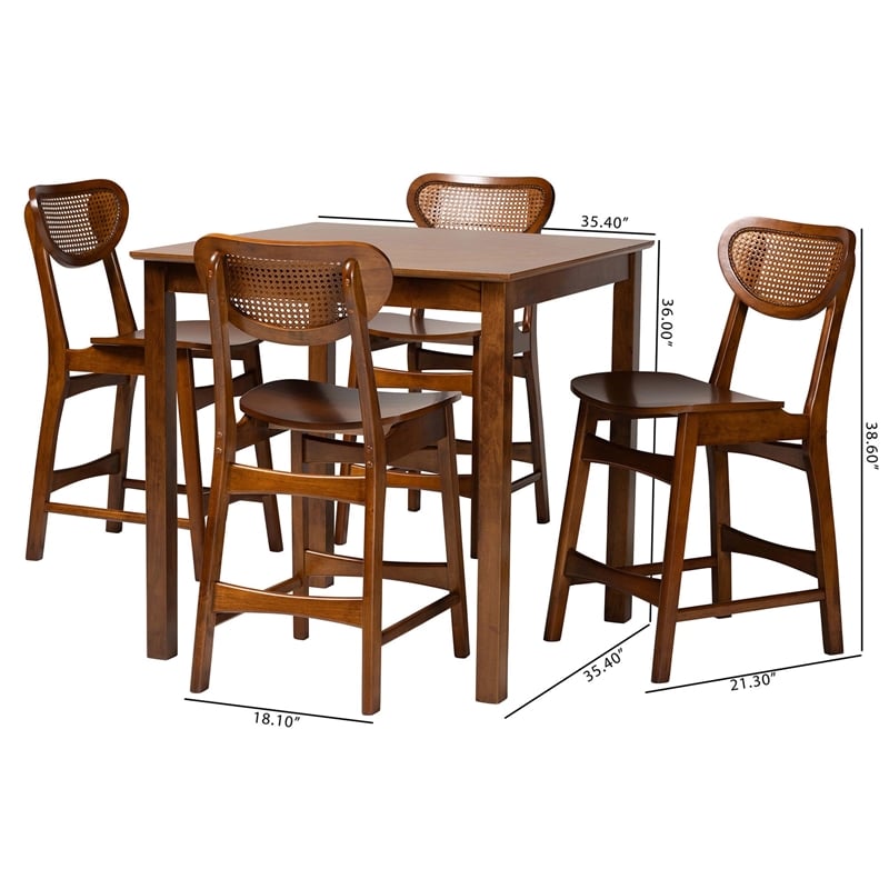 Pemberly Row 5-Piece Mid-Century Rattan & Wood Pub Set in Brown