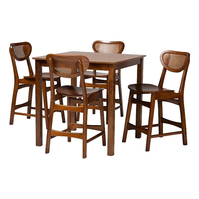 Pemberly Row 5-Piece Mid-Century Rattan & Wood Pub Set in Brown