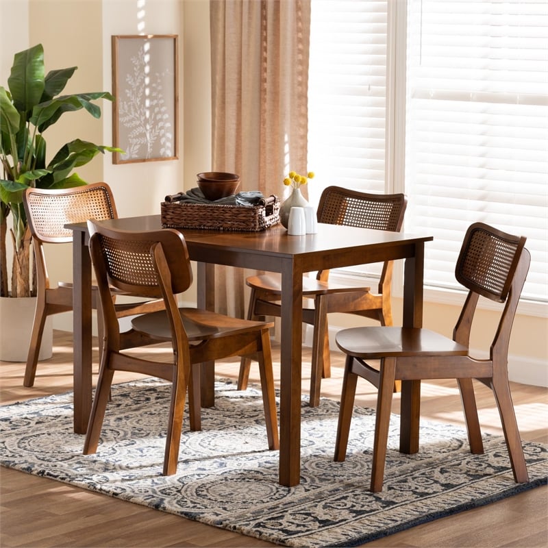 Pemberly Row Contemporary 5-Piece Wood & Rattan Dining Set in Brown