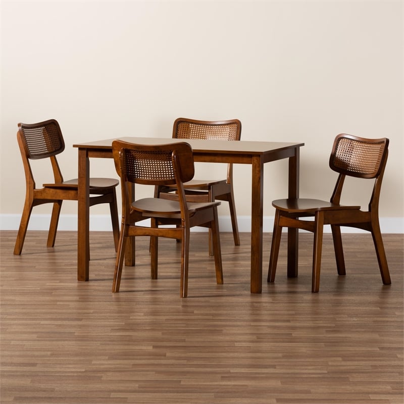 Pemberly Row Contemporary 5-Piece Wood & Rattan Dining Set in Brown
