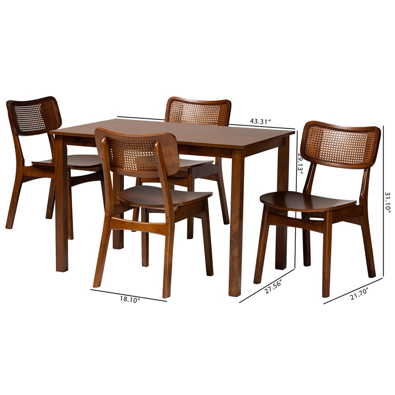 Pemberly Row Contemporary 5-Piece Wood & Rattan Dining Set in Brown