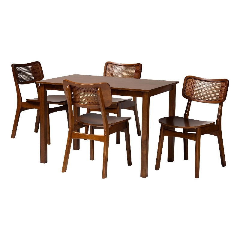 Pemberly Row Contemporary 5-Piece Wood & Rattan Dining Set in Brown