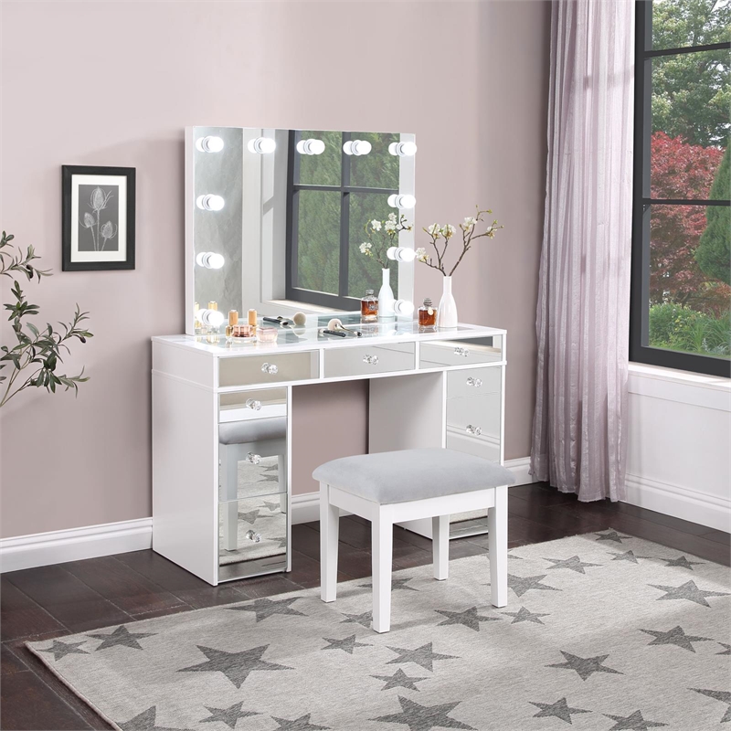Pemberly Row Contemporary Wood White Vanity Set in White and Gray