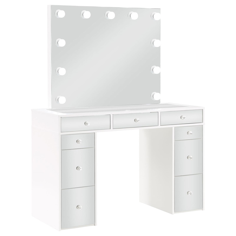 Pemberly Row Contemporary Wood White Vanity Set in White and Gray