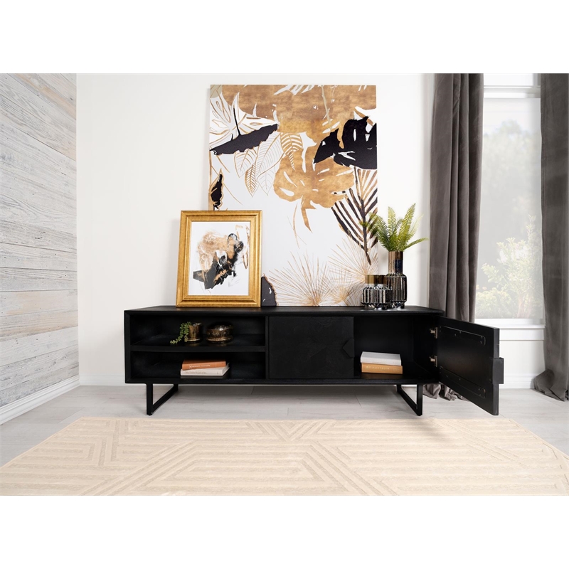 Pemberly Row 2-door Farmhouse Wood Rectangular TV Stand in Black