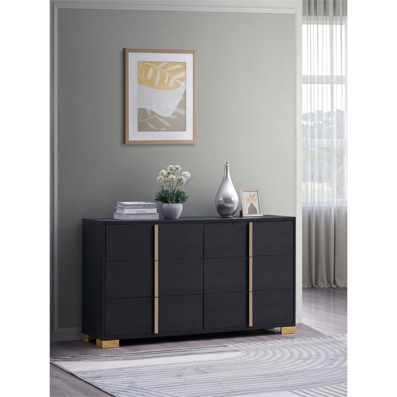 Pemberly Row Contemporary Wood Rectangular Dresser Black and Gold
