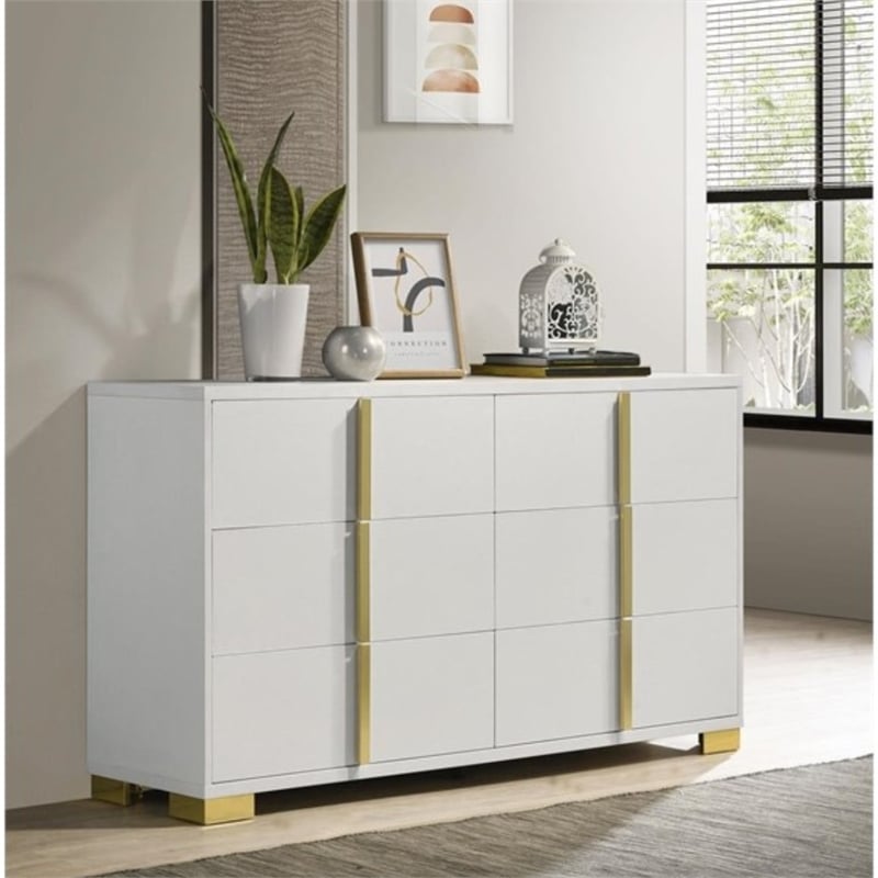 Pemberly Row Contemporary Wood Rectangular Dresser White and Gold