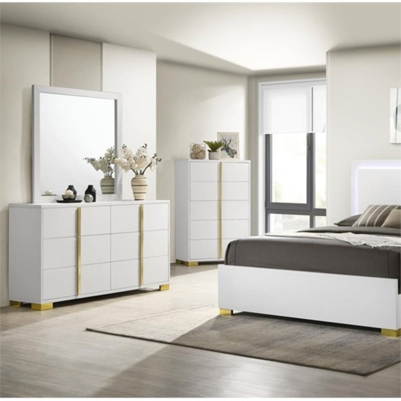 Pemberly Row Contemporary Wood Rectangular Dresser White and Gold