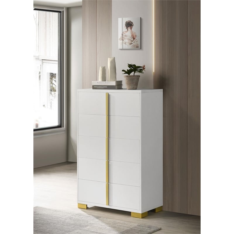 Pemberly Row Contemporary Wood Rectangular Chest in White and Gold