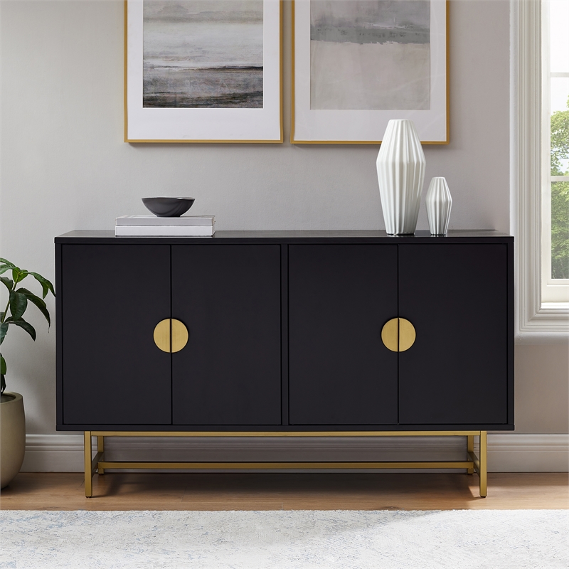Pemberly Row Mid-Century Wood/Steel Sideboard in Matte Black/Gold