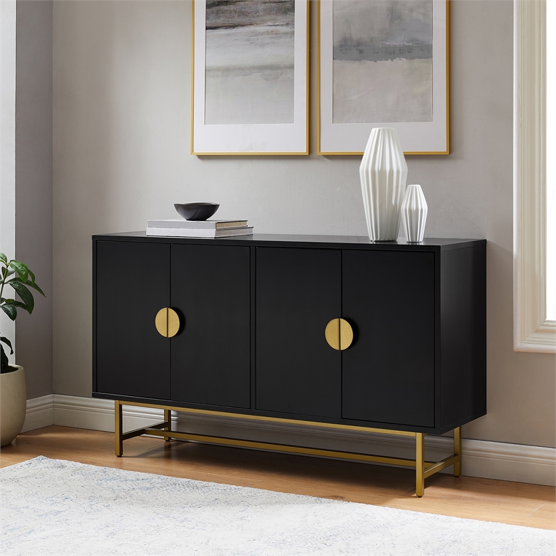 Pemberly Row Mid-Century Wood/Steel Sideboard in Matte Black/Gold