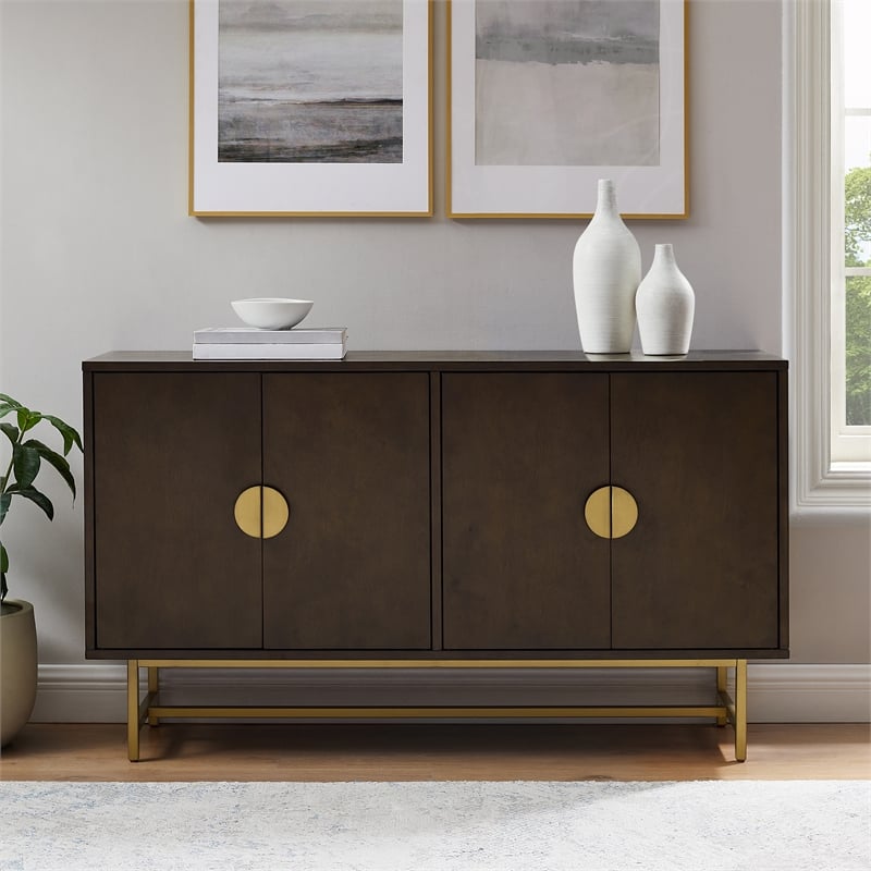 Pemberly Row Mid-Century Wood/Steel Sideboard in Dark Brown/Gold