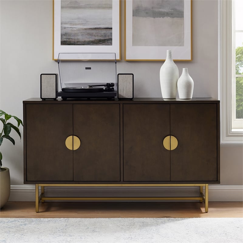 Pemberly Row Mid-Century Wood/Steel Sideboard in Dark Brown/Gold