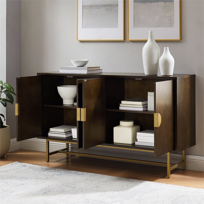 Pemberly Row Mid-Century Wood/Steel Sideboard in Dark Brown/Gold