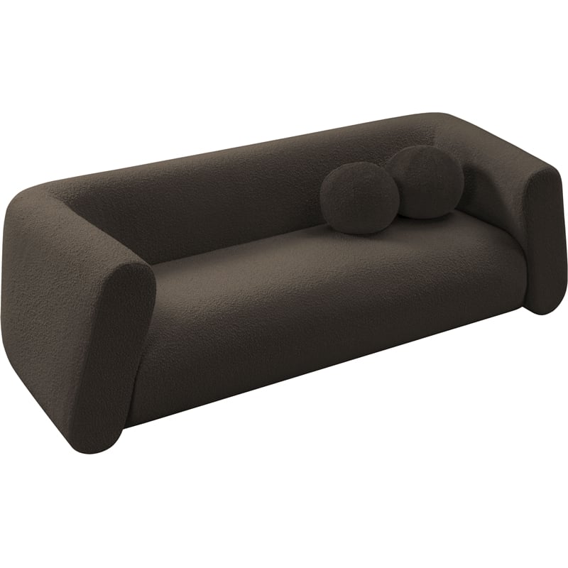 Pemberly Row Contemporary Boucle Fabric Sofa with Ball Pillows in Rich Brown