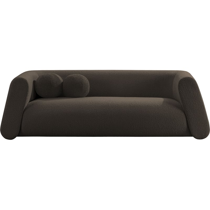 Pemberly Row Contemporary Boucle Fabric Sofa with Ball Pillows in Rich Brown