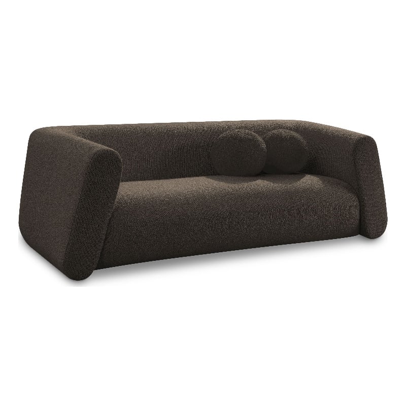 Pemberly Row Contemporary Boucle Fabric Sofa with Ball Pillows in Rich Brown