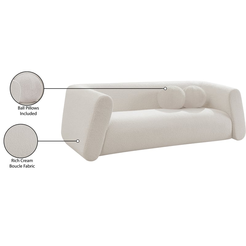 Pemberly Row Contemporary Boucle Fabric Sofa with Ball Pillows in Rich Cream