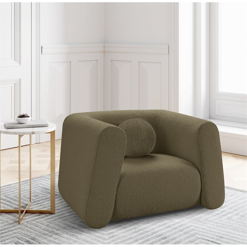 Pemberly Row Contemporary Boucle Fabric Chair with Ball Pillow in Olive Green
