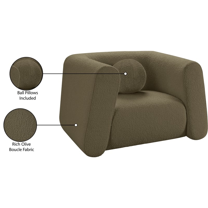 Pemberly Row Contemporary Boucle Fabric Chair with Ball Pillow in Olive Green