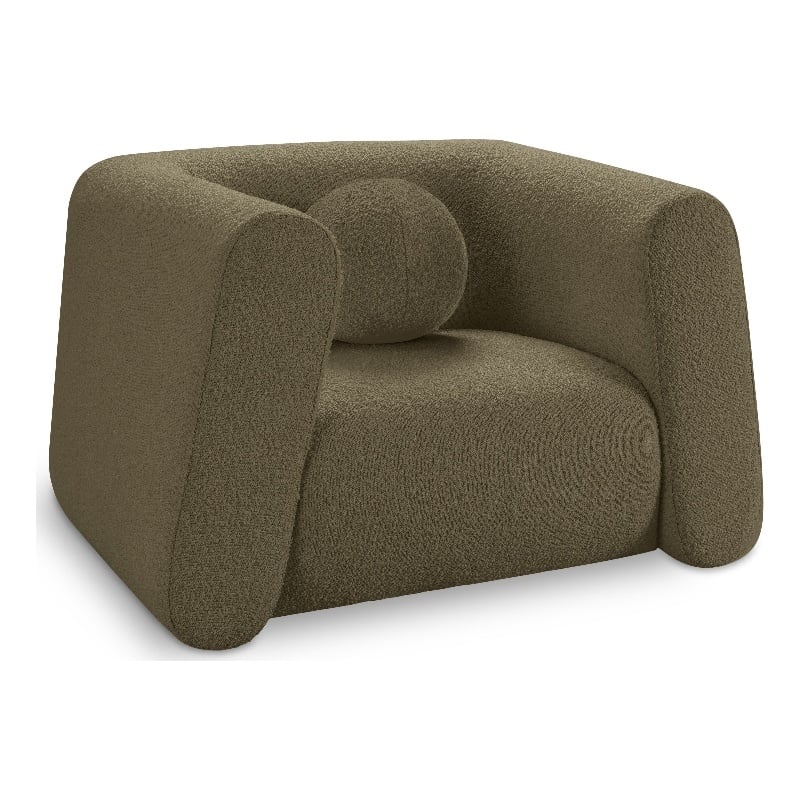 Pemberly Row Contemporary Boucle Fabric Chair with Ball Pillow in Olive Green