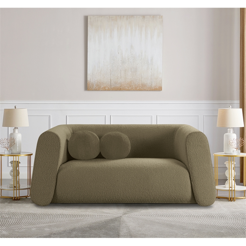 Pemberly Row Contemporary Boucle Fabric Loveseat with Ball Pillow in Olive Green