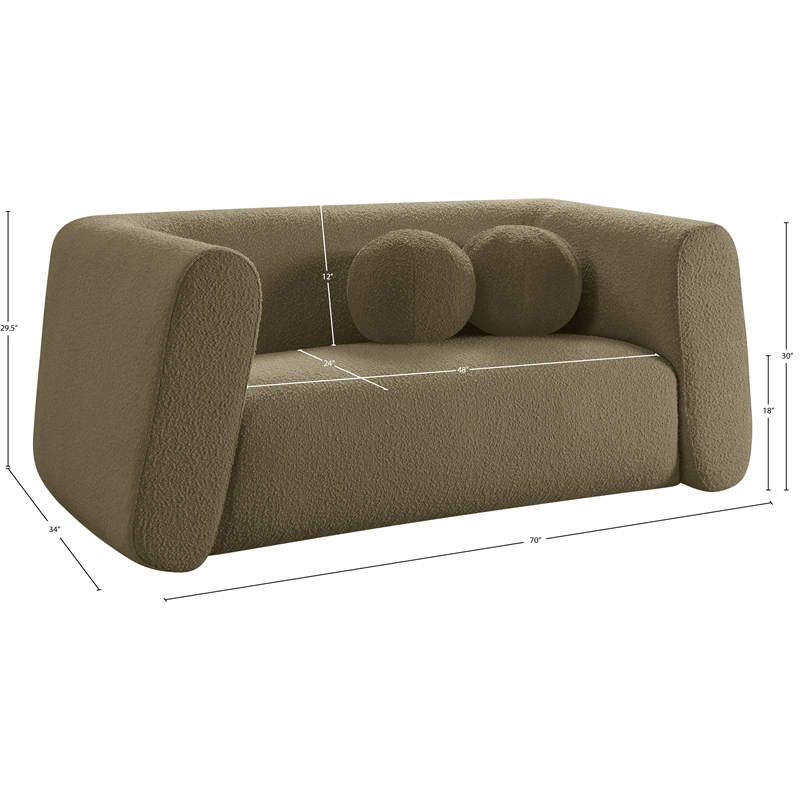 Pemberly Row Contemporary Boucle Fabric Loveseat with Ball Pillow in Olive Green
