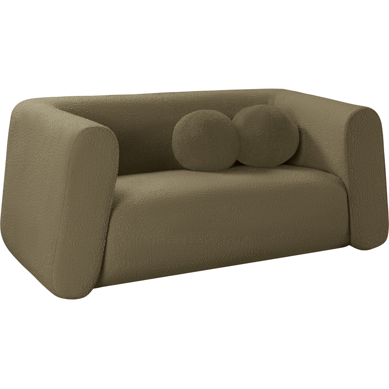 Pemberly Row Contemporary Boucle Fabric Loveseat with Ball Pillow in Olive Green
