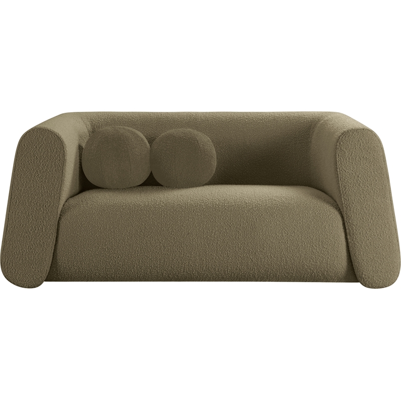 Pemberly Row Contemporary Boucle Fabric Loveseat with Ball Pillow in Olive Green