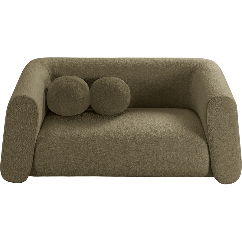 Pemberly Row Contemporary Boucle Fabric Loveseat with Ball Pillow in Olive Green